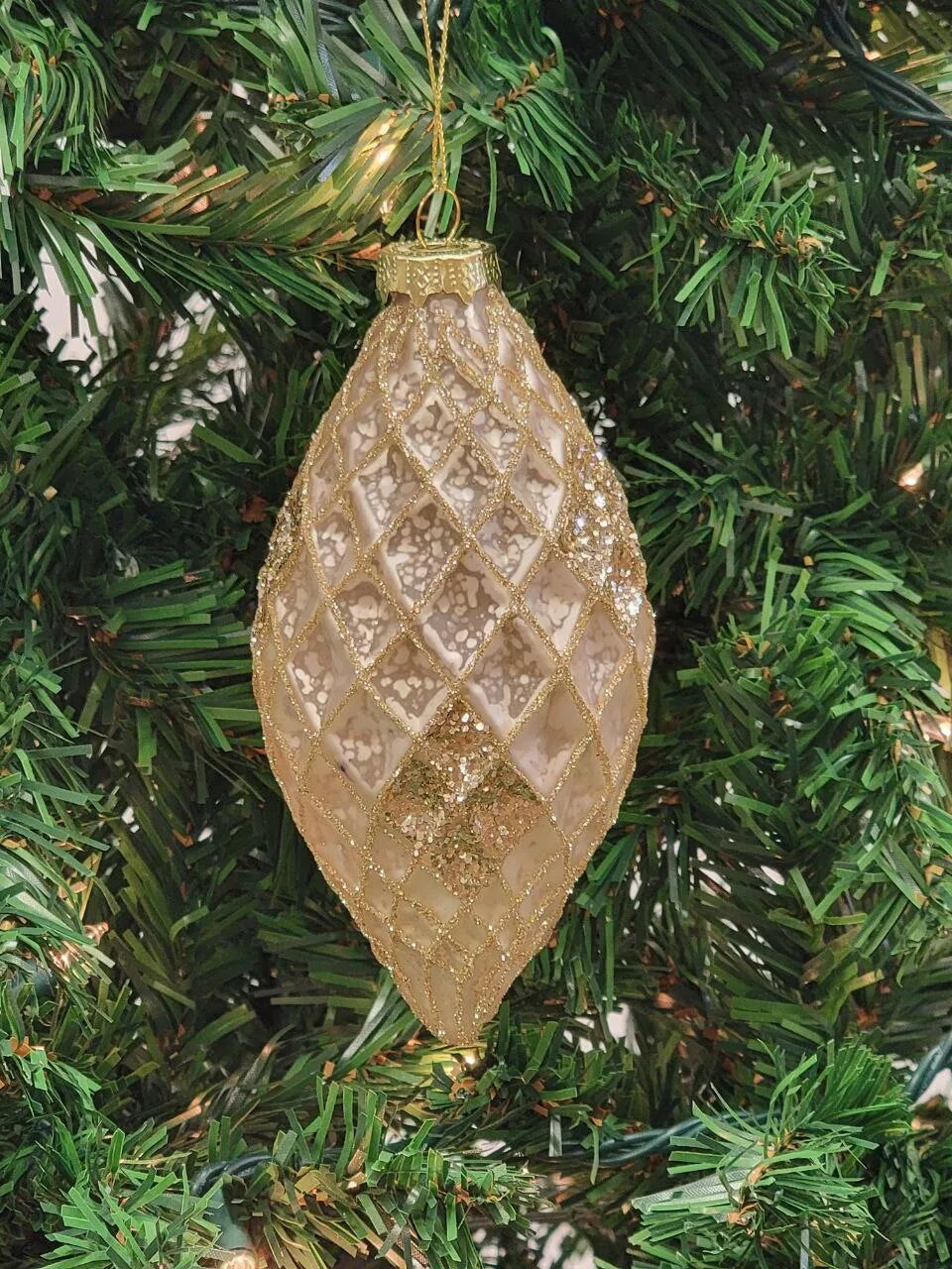 Gold Teardrop-Shaped Glass Christmas Ornament