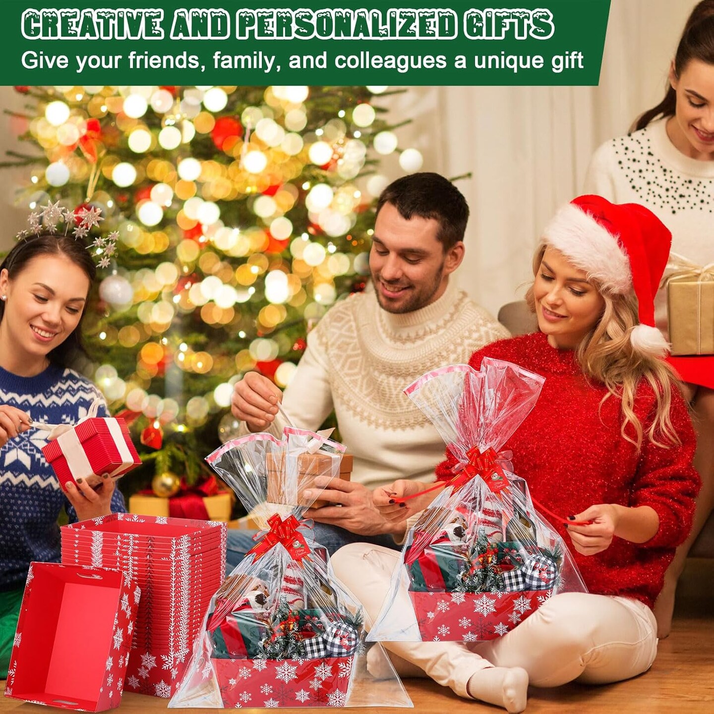 6 Sets 12 x 10 Large Red Snowflake Christmas Baskets for Gifts Empty Christmas Gift Baskets to Fill Christmas DIY Cardboard Basket with Handles for Christmas Holiday Party (Snowflake)