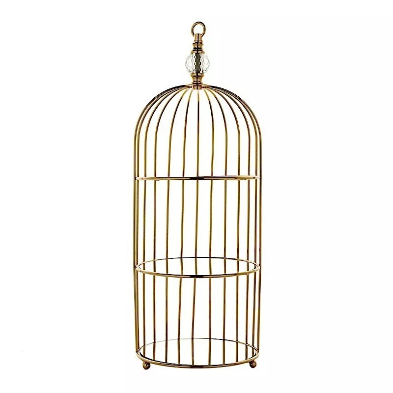 22" Gold 3 Tier Metal Mirror Glass Hanging Bird Cage Dessert Stand Decorations