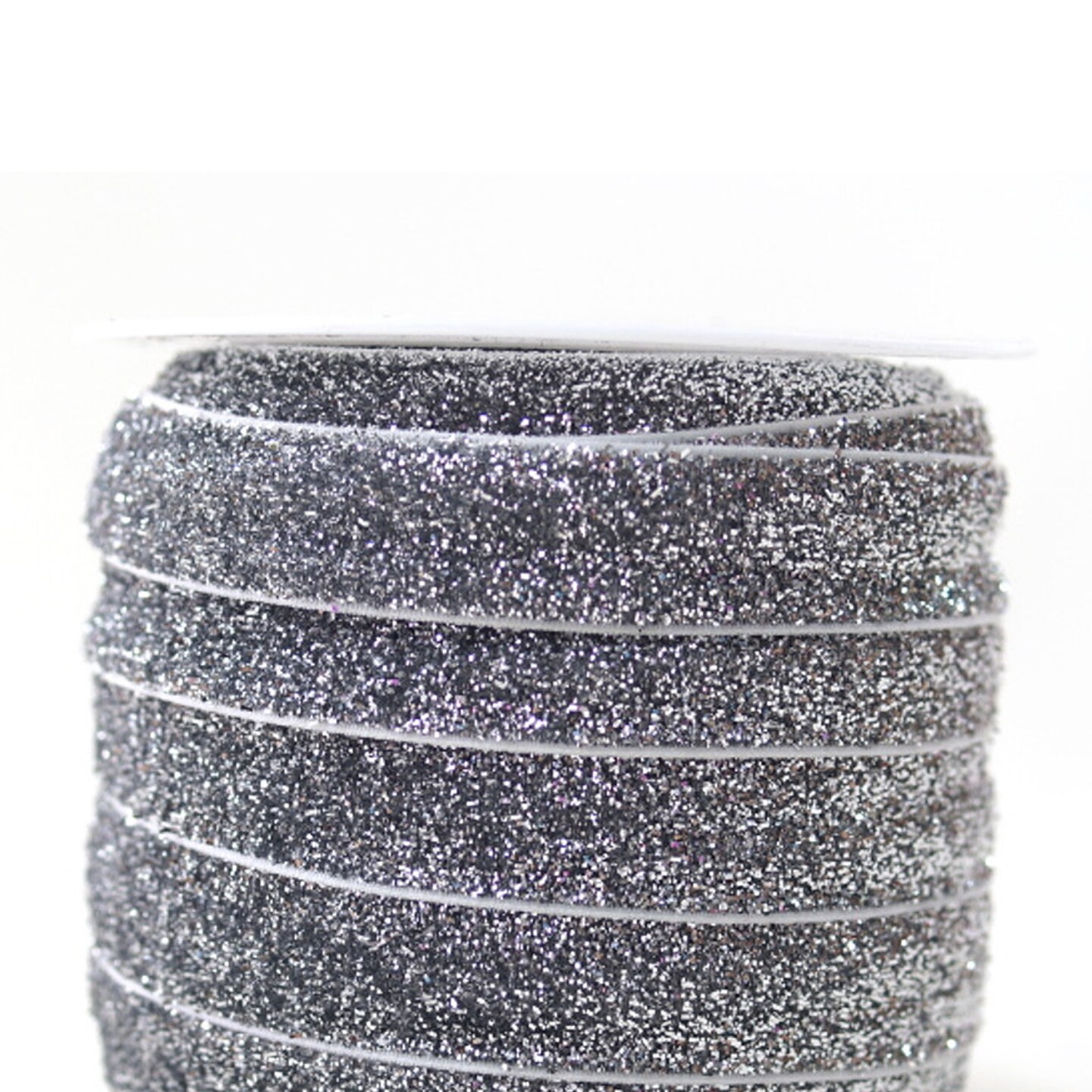 5/8" x 20 Yards Fold Over Elastic Stretch Silver Glitter Trim