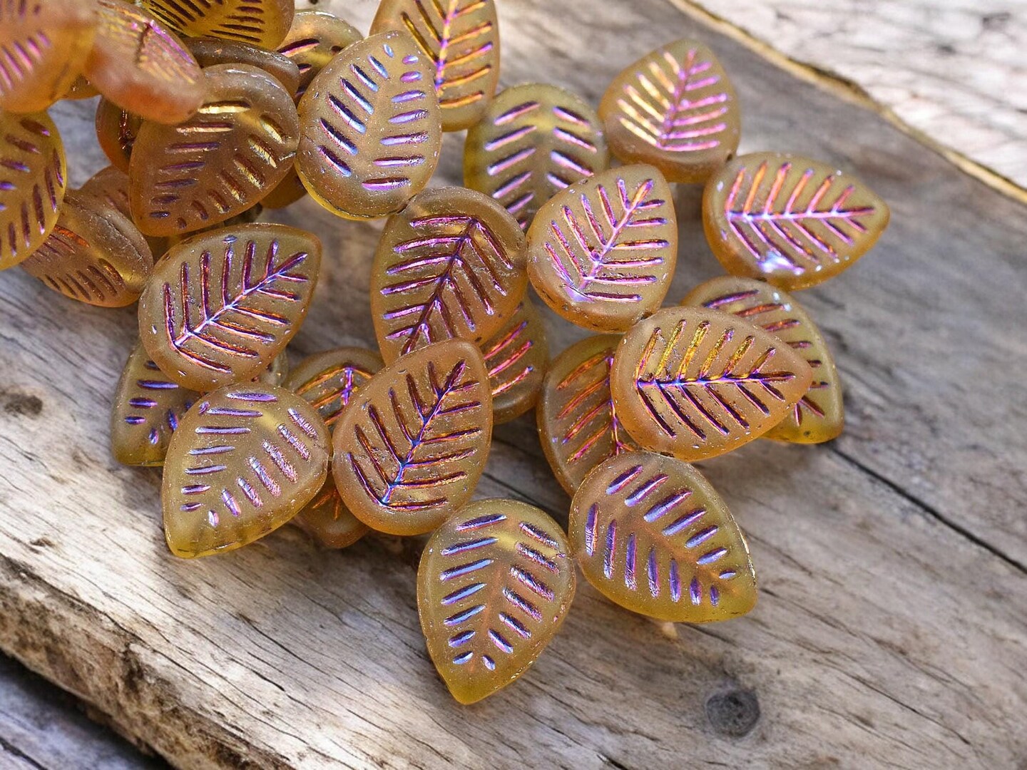*15* 16x12mm Metallic Volcano Washed Matte Topaz Top Drilled Doogwood Leaf Beads