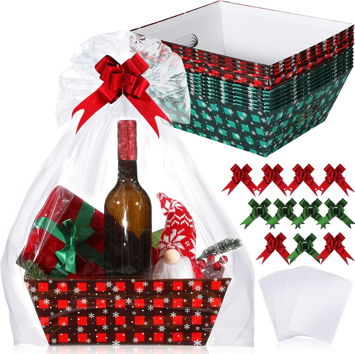 36 Pcs 12 Pack 12x10x4 Christmas Basket Empty Large Size Basket Empty Bulk, Includes 12 Cardboard Baskets with Handles, 12 Plastic Bags, 12 Bows, Cardboard Tray Large Gift Baskets Kit(Plaid)