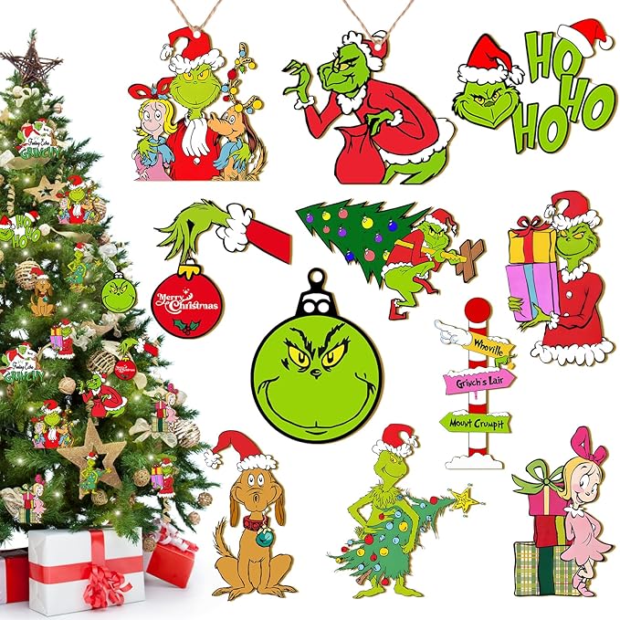 Christmas Tree Decorations - 24Pcs Wood Grinchs Christmas Tree Hanging Ornament Holiday Xmas Ornaments Grinchs Christmas Decorations Decor Home Indoors