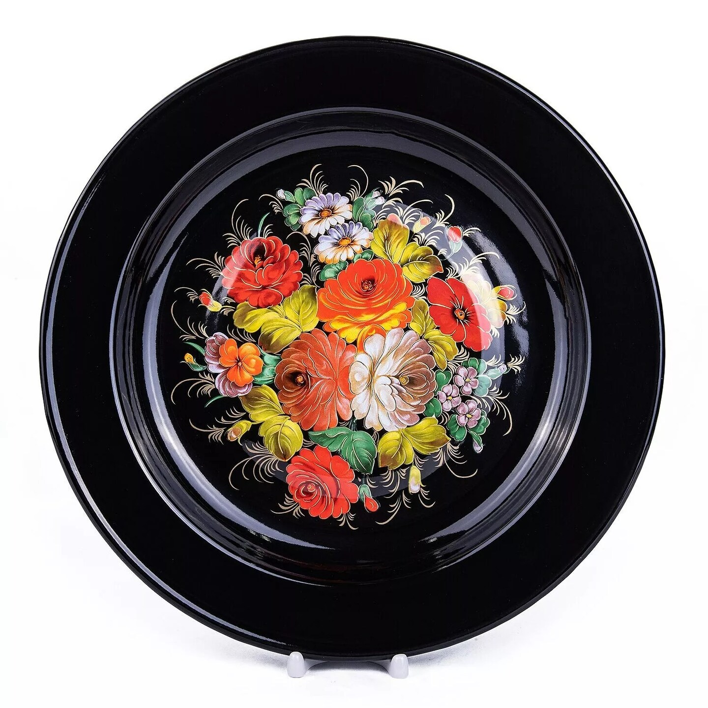 14&#x22; Stalemal ZHOSTOVO FLOWERS Black Enameled Serving Plate Enamel Platter
