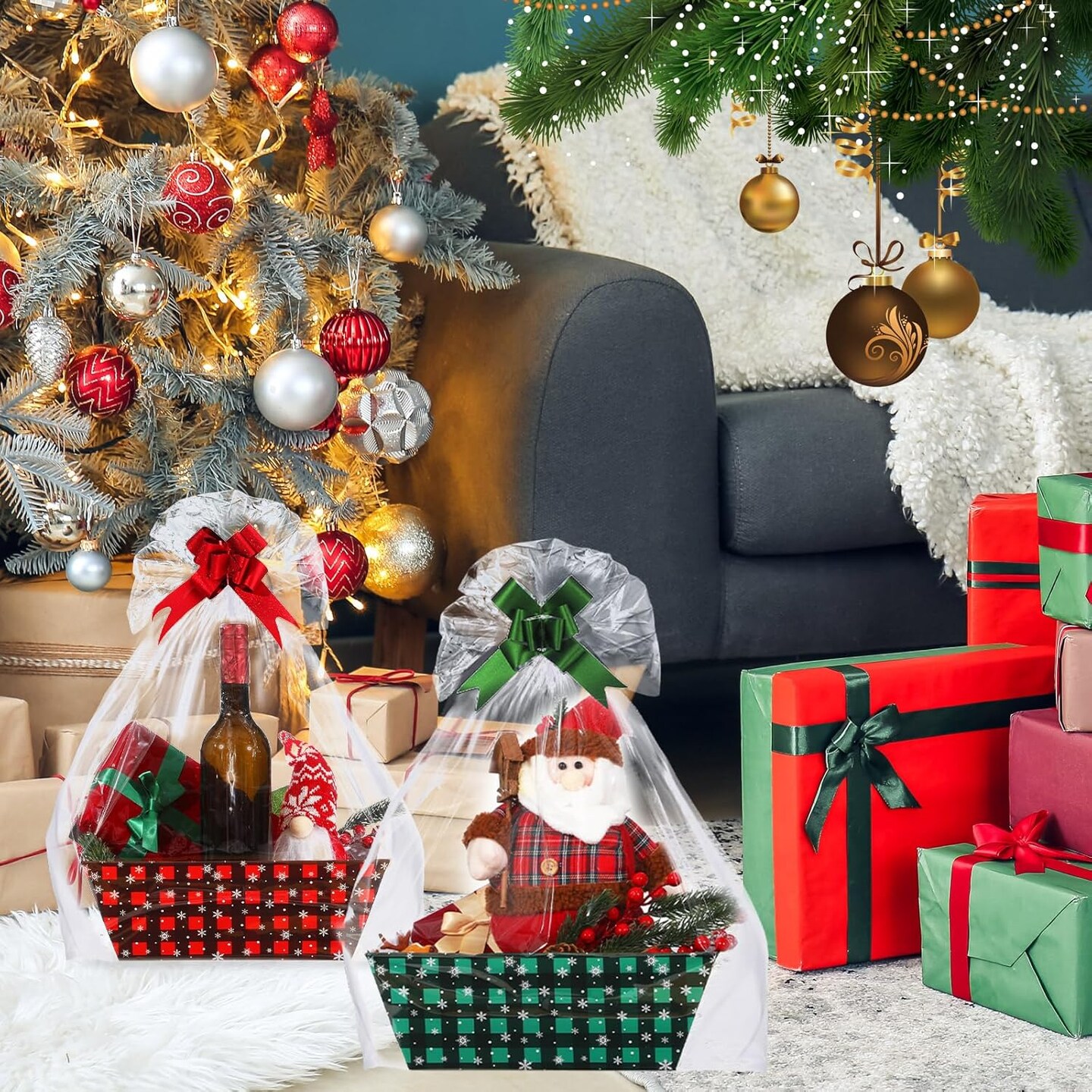 36 Pcs 12 Pack 12x10x4 Christmas Basket Empty Large Size Basket Empty Bulk, Includes 12 Cardboard Baskets with Handles, 12 Plastic Bags, 12 Bows, Cardboard Tray Large Gift Baskets Kit(Plaid)