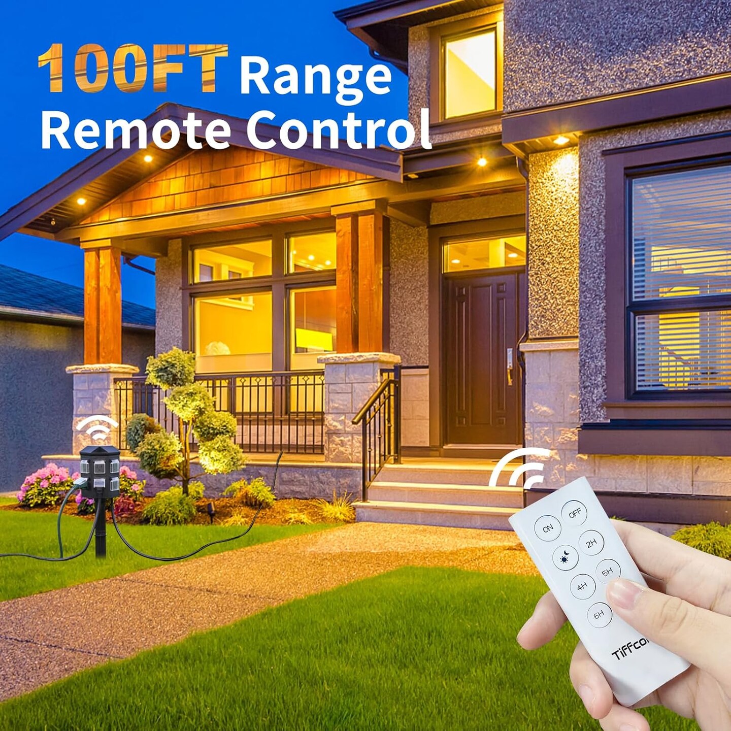 Outdoor Power Stake with Timer, 25FT Extension Cord Waterproof,Remote Control Dusk to Dawn Sensor Light Timer, 6 Grounded Outlets for Outdoor Decorations, 14 AWG, 15A/1875W, ETL Listed