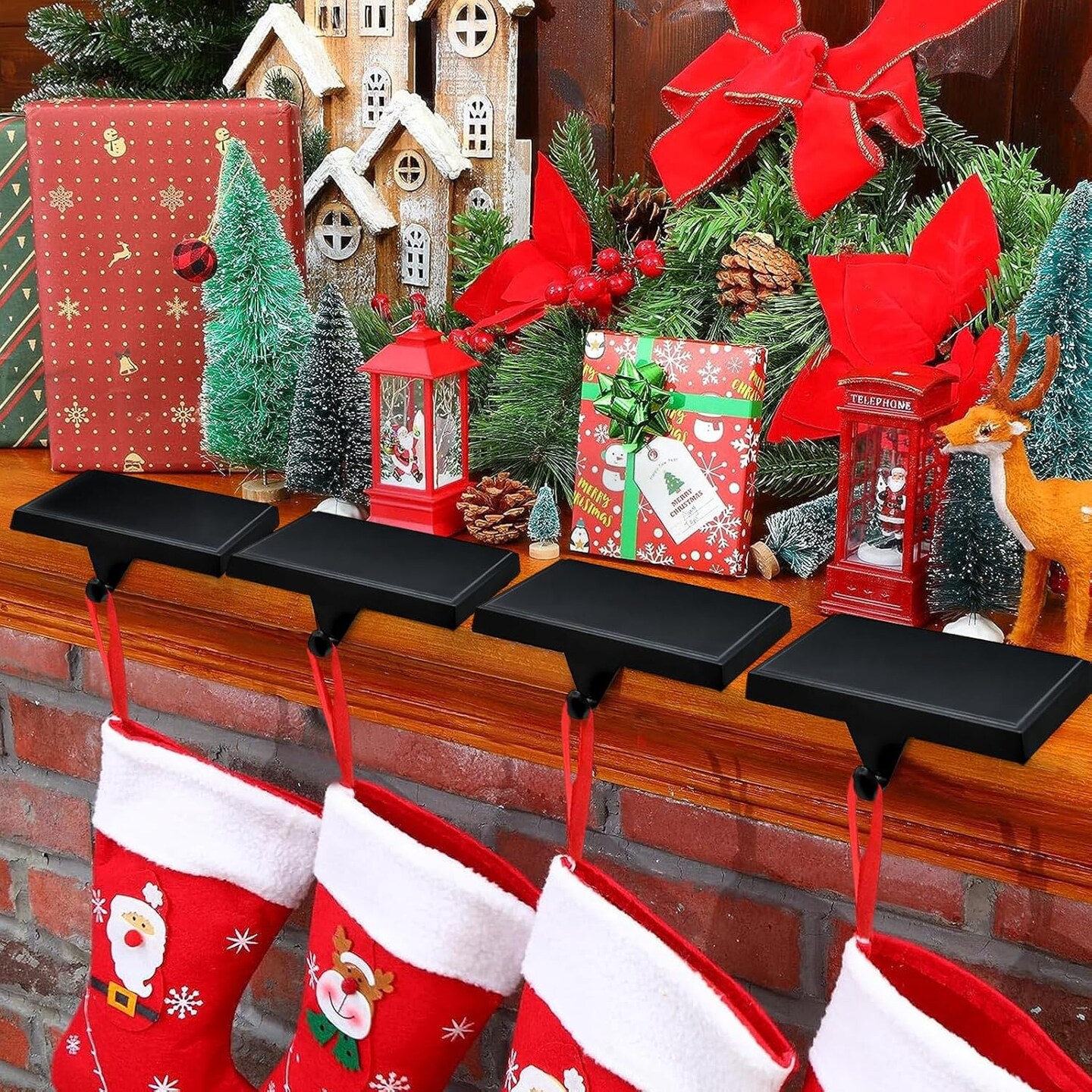 Christmas Stocking Holders, Mantel Stocking Hangers, Weighted Metal Hanging Hooks, Stocking Holders Bases for Mantel, Fireplace Xmas Party Decoration (Black, 4 Pcs)