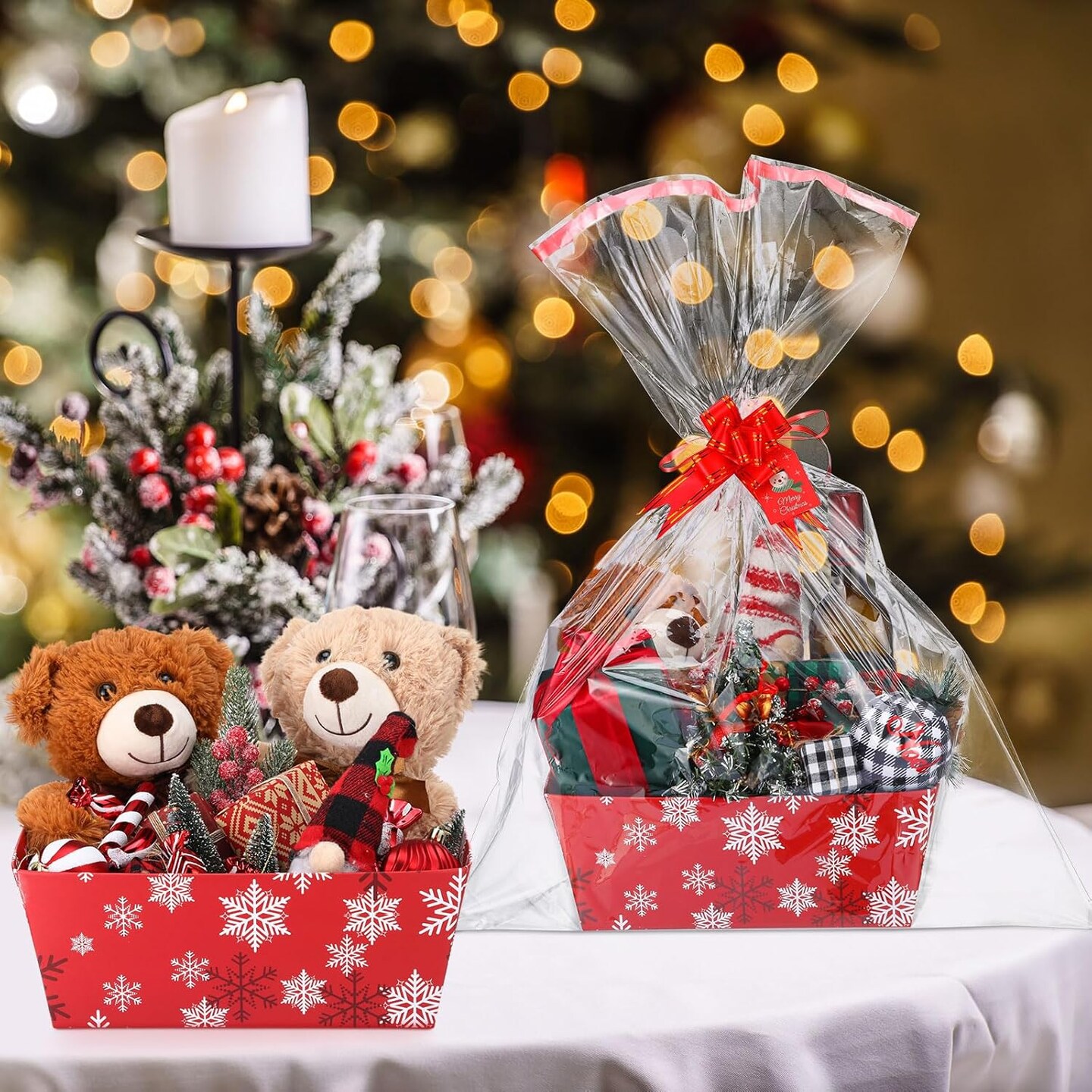 72-Piece Christmas Gift Baskets Bulk - Red Black Plaid Kraft Baskets With Handles