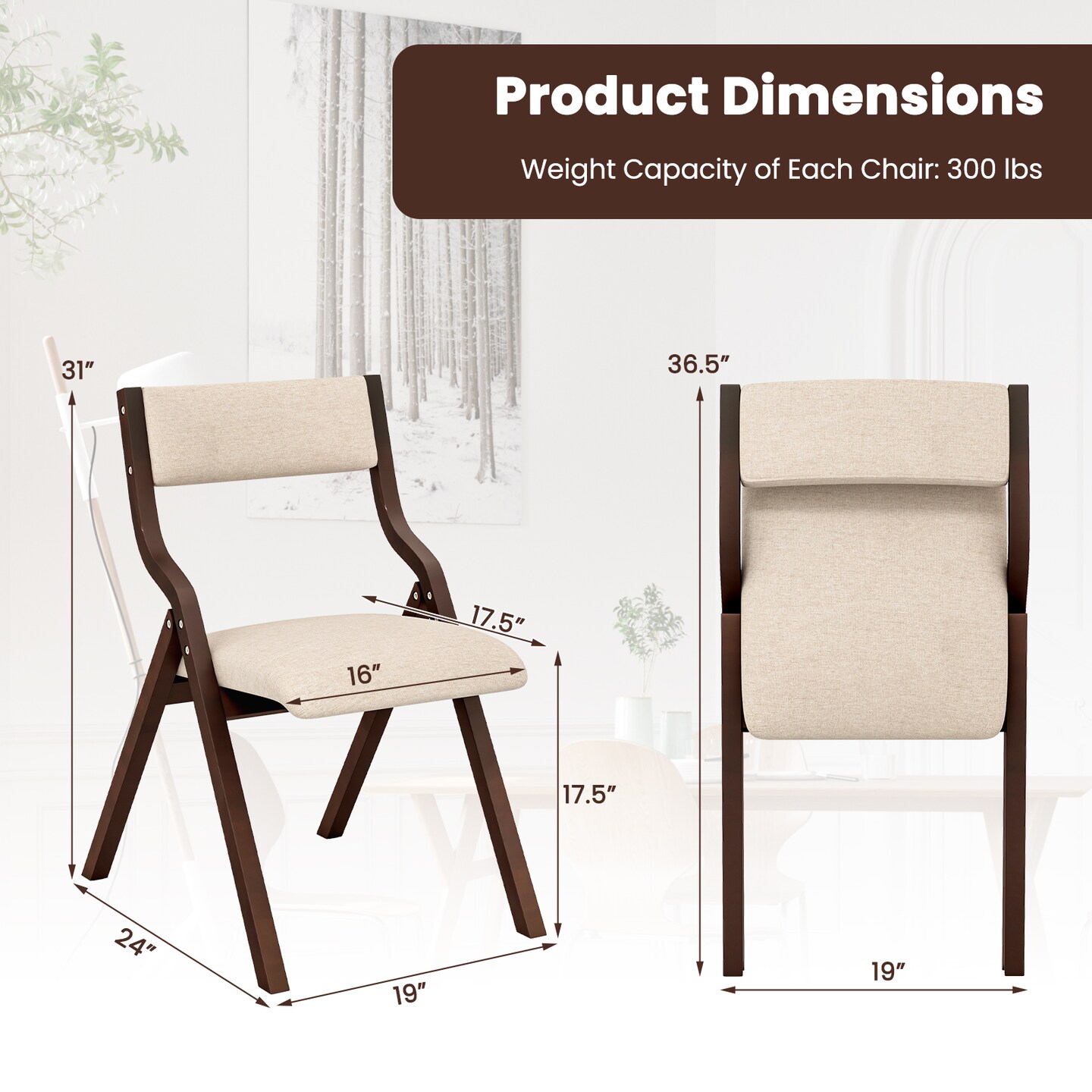 Set of 2 Linen Foldable Dining Chair Wooden Frame Padded Seat
