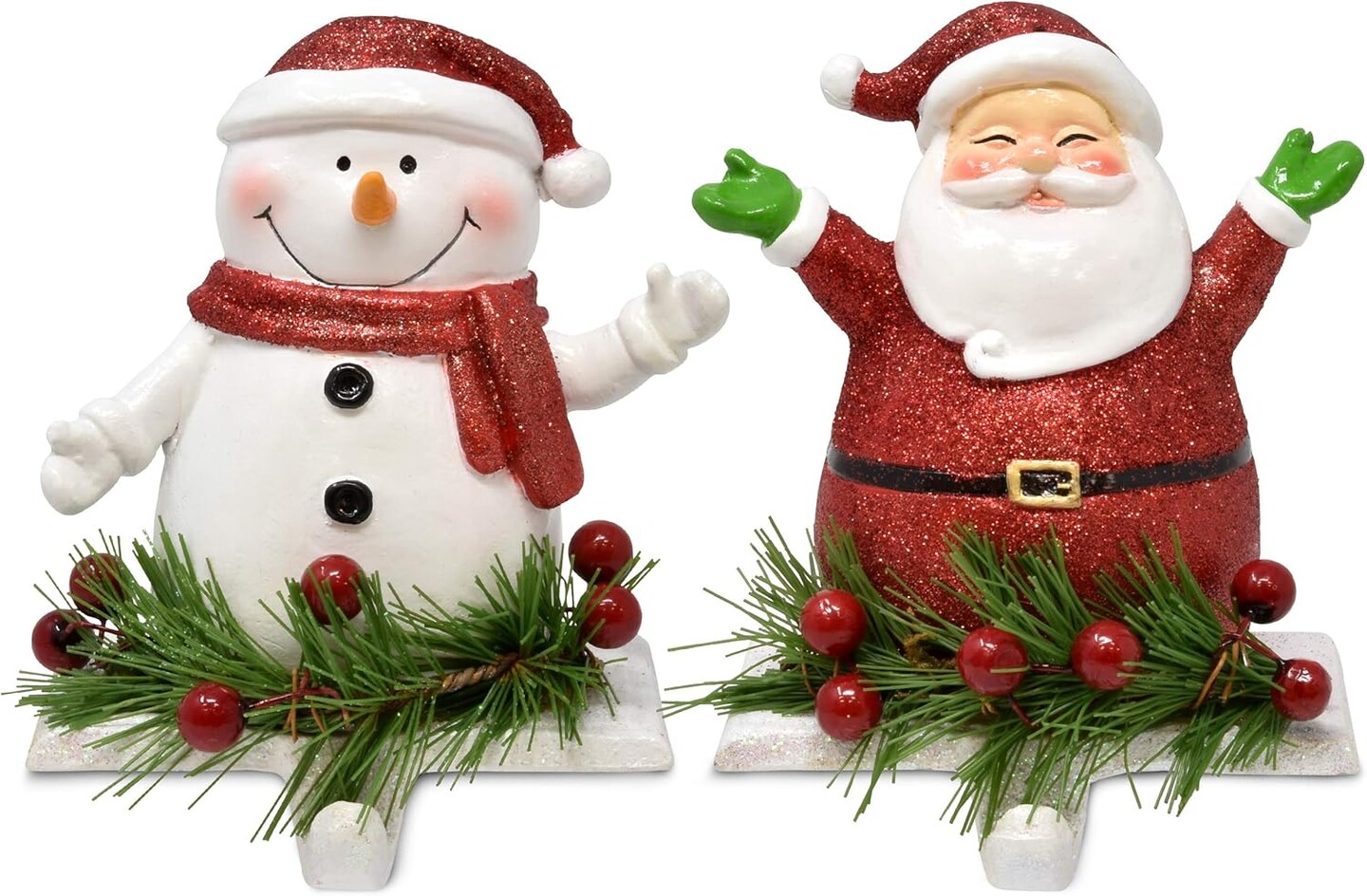 Christmas Stocking Holder Set of 2 Poly Resin Iron Snowman and Santa Stockings Hanger Mantle or Fireplace Decor Durable Long Lasting Decoration
