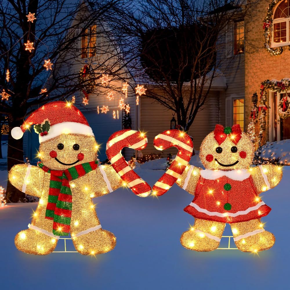 22.5’’ Lighted Christmas Yard Decoration 2pcs Light Up Gingerbread Man Couple Christmas Outdoor Decorations Sign Waterproof for Xmas Winter Holiday Garden Lawn Outside Indoor Decor Display
