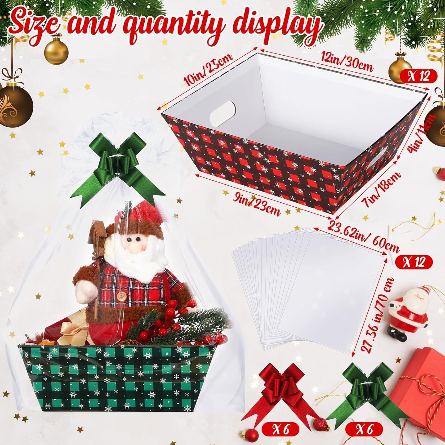 36 Pcs 12 Pack 12x10x4 Christmas Basket Empty Large Size Basket Empty Bulk, Includes 12 Cardboard Baskets with Handles, 12 Plastic Bags, 12 Bows, Cardboard Tray Large Gift Baskets Kit(Plaid)