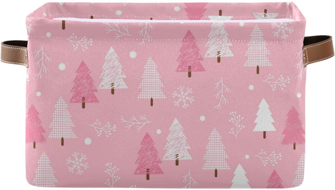 Christmas Tree Pink Storage Basket Fabric Kitchen Baskets Winter Snowflake Xmas Decorations Open Home Storage Bins Boxes Foldable Organizer Bag for Toy Book Shelf Closet Baskets 16&#xD7;12&#xD7;8 Inches