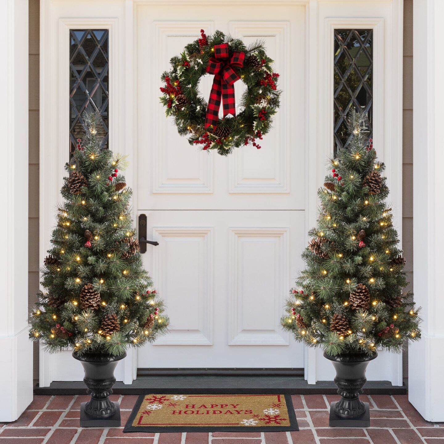 Set of 2/3 4ft/5ft/6ft Flocked Pinecone Christmas Potted Porch Tree With Warm White Lights
