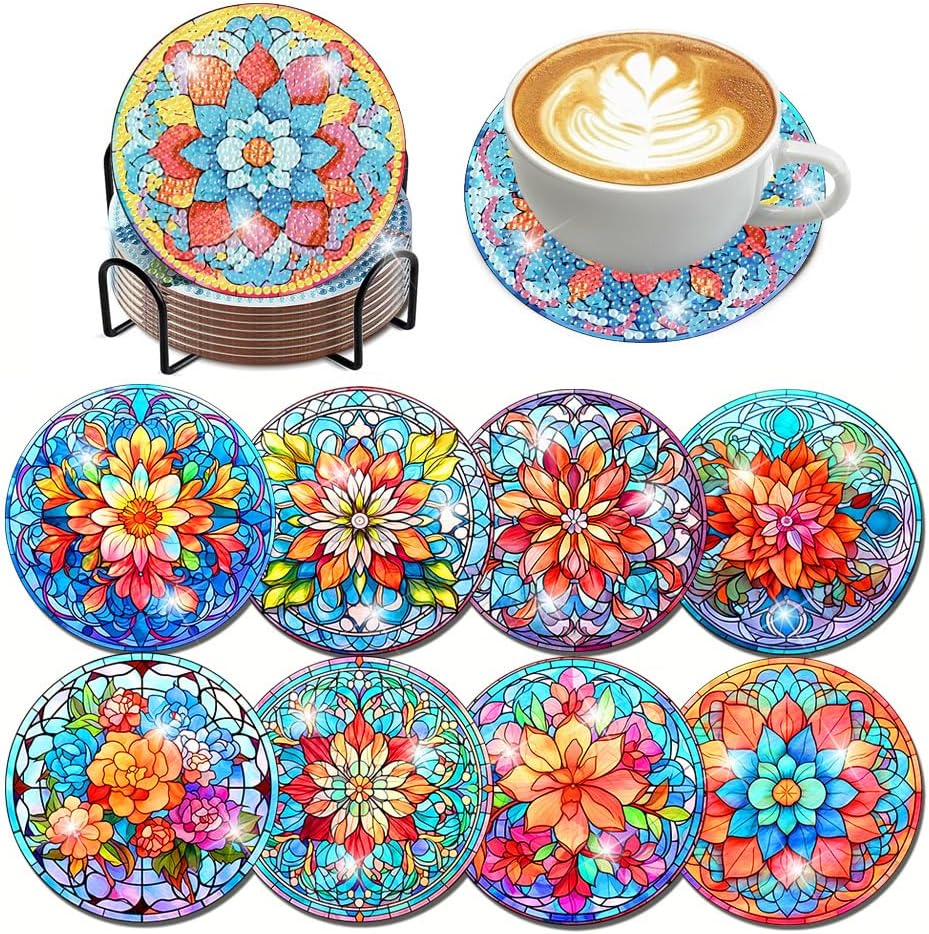 Mandala Diamond Painting Coasters Kit with Holder – DIY Diamond Art for Beginners & Adults
