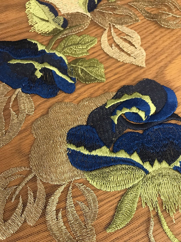 1 Yard Blue Rose Embroidered Lace Mesh Fabric Metallic Champagne Leaves 58/56&#x22; wide