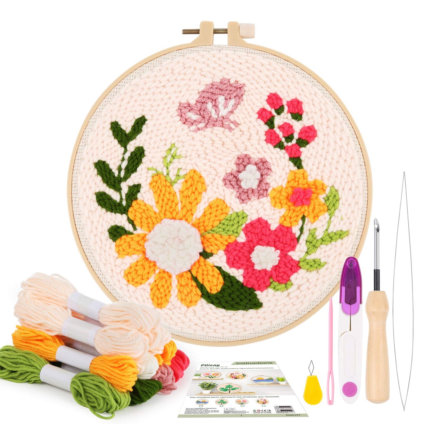 Punch Needle Embroidery Starter Kits for Kids and Adults Beginners, Include Instructions, Punch Needle Fabric with Floral Pattern, Yarns, Embroidery Hoops and Threader Tools