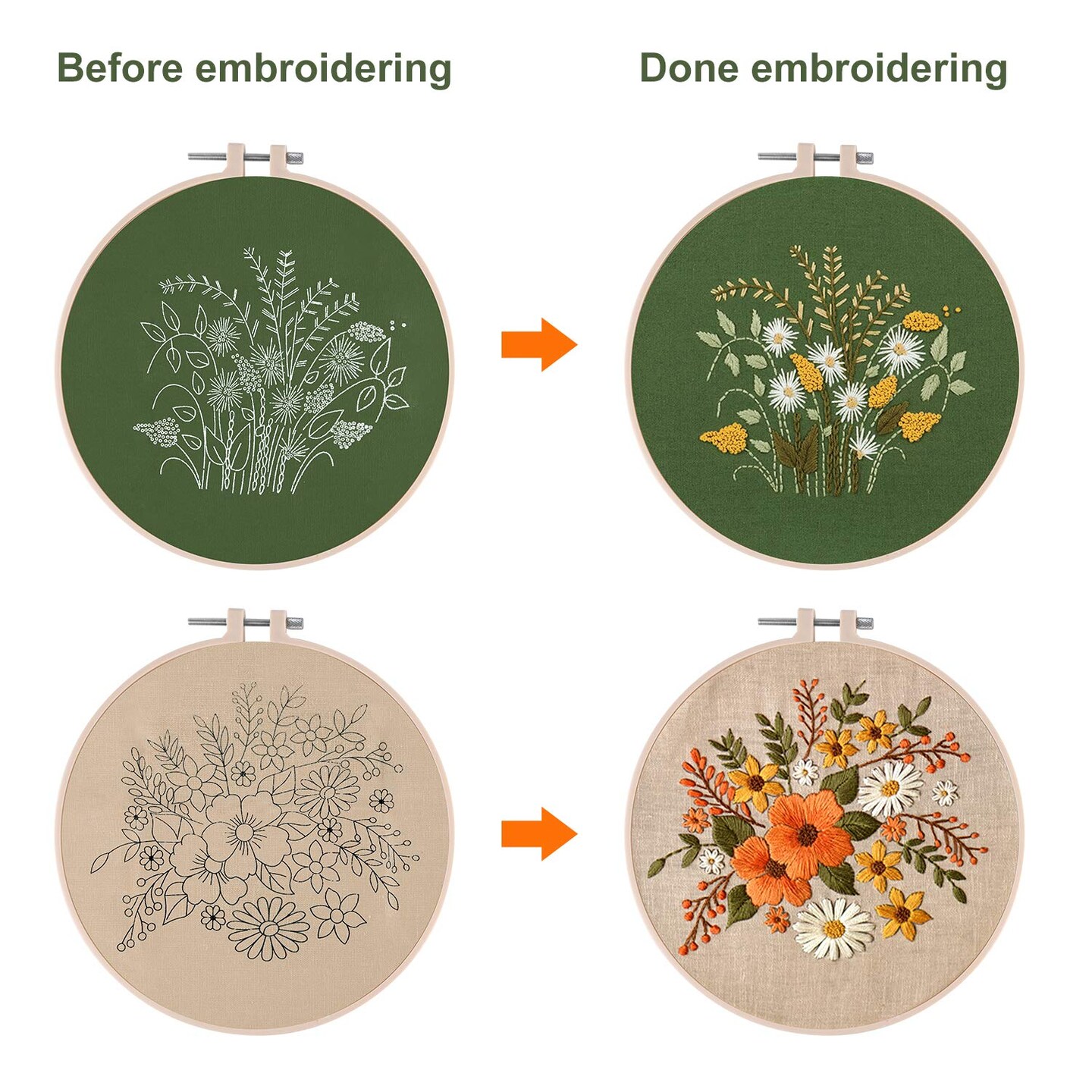 2 Sets Full Range Embroidery Starter Kit with Pattern and Instructions Cross Stitch Kit Includes 2 Pcs Embroidery Clothes with Floral Pattern, 1 Pcs Plastic Embroidery Hoops, 1 Pcs Scissor