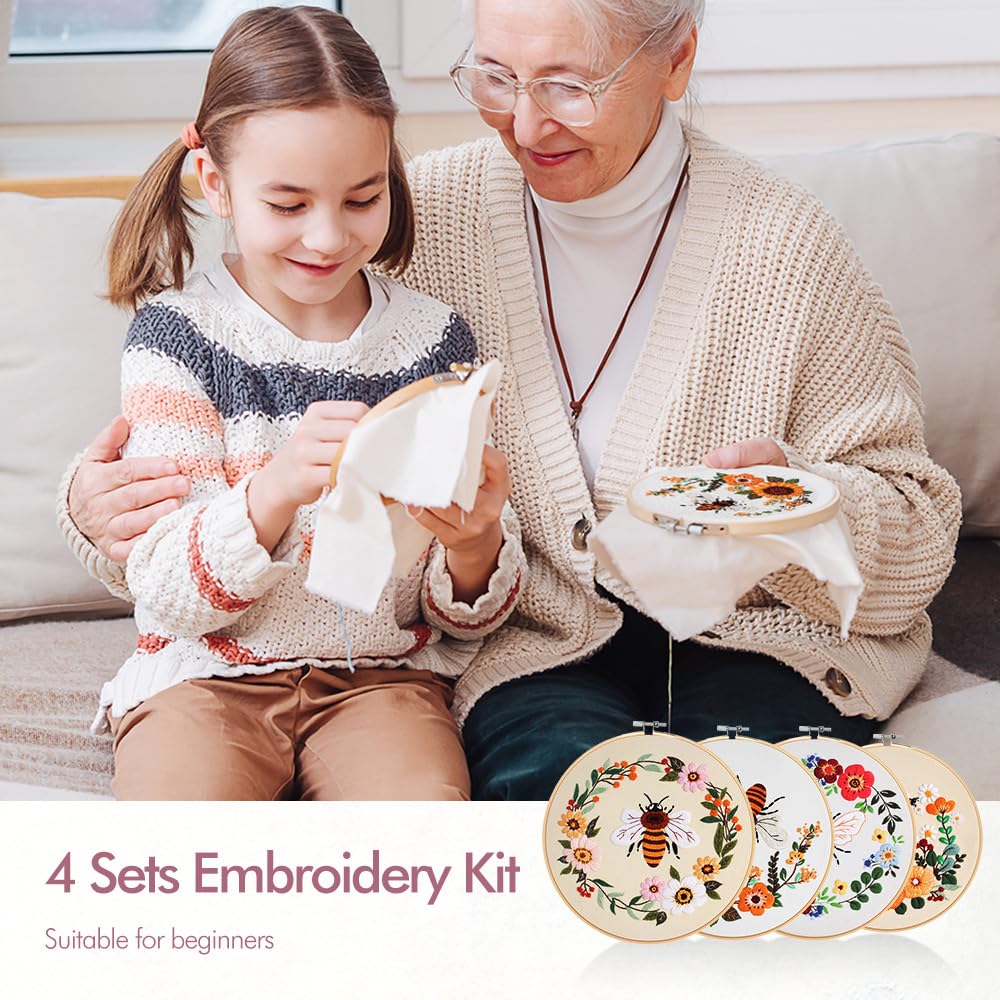 Embroidery Kit for Adults, 4 Sets Cross Stitch Kits for Adults with Stamped Flower Pattern and Easy Instruction, Embroidery Kits with Embroidery Hoop and Color Threads