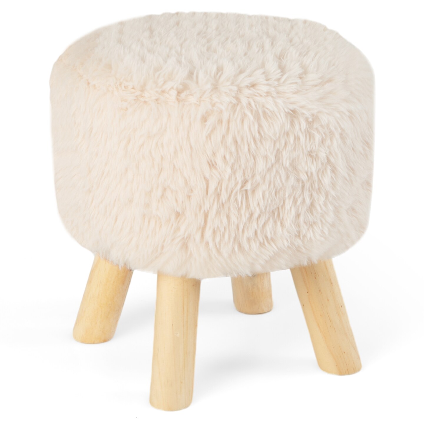White Faux Fur Round Ottoman Stool, Padded Seat and Rubber Wood Legs