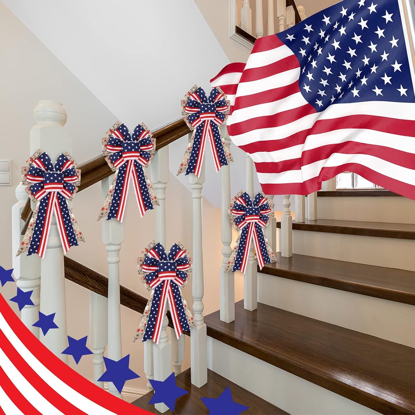 2 Pcs Patriotic Bow 4th of July Wreath Bow Red White Blue Star Burlap Bow Memorial Day American Flag Bow for Indoor Outdoor Tree Topper Independence Day Party Decoration(Star Style)