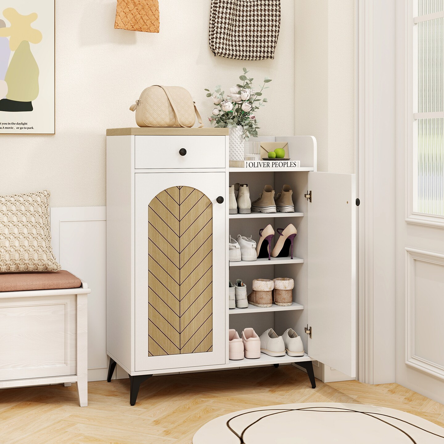 White Wooden 2-Door Shoe Rack Cabinet with 6 Removable Shelves and Side Drawer