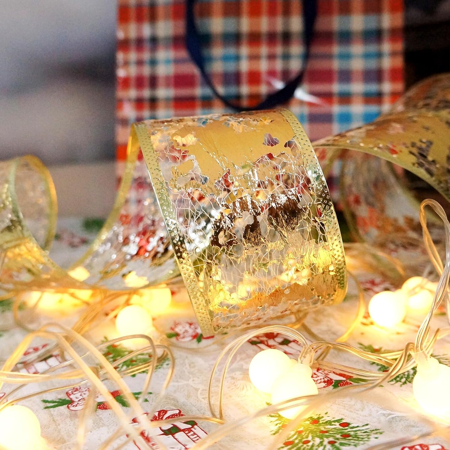 Gold Foil Metallic Mesh Wired Ribbon 10 Yards for Home Decoration Gift Wrapping