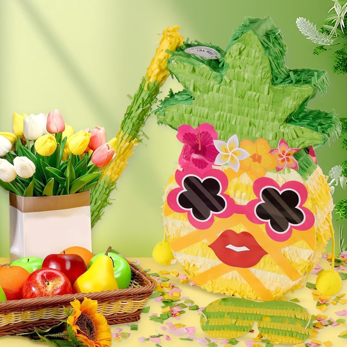 Small Pineapple Pinata, with Blindfold and Stick for Hawaiian Tropical Luau Party Supplies, Summer Fruit Themed Birthday Party Decorations for Girls Boys Kids