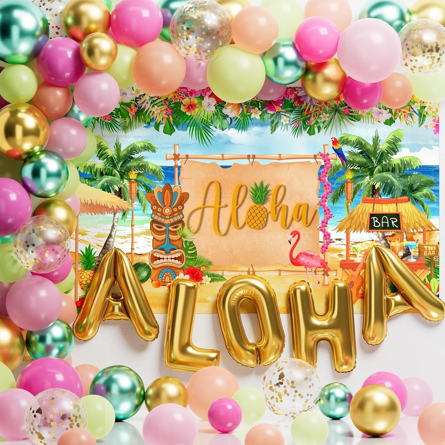 Hawaiian Luau Birthday Party Supplies, 246PCS Disposable Dinnerware(25 Guest) &#x26; Tropical Decoration Aloha Summer Beach Paper Plate Cup Napkin Cutlery Tablecloth Backdrop Balloon Garland