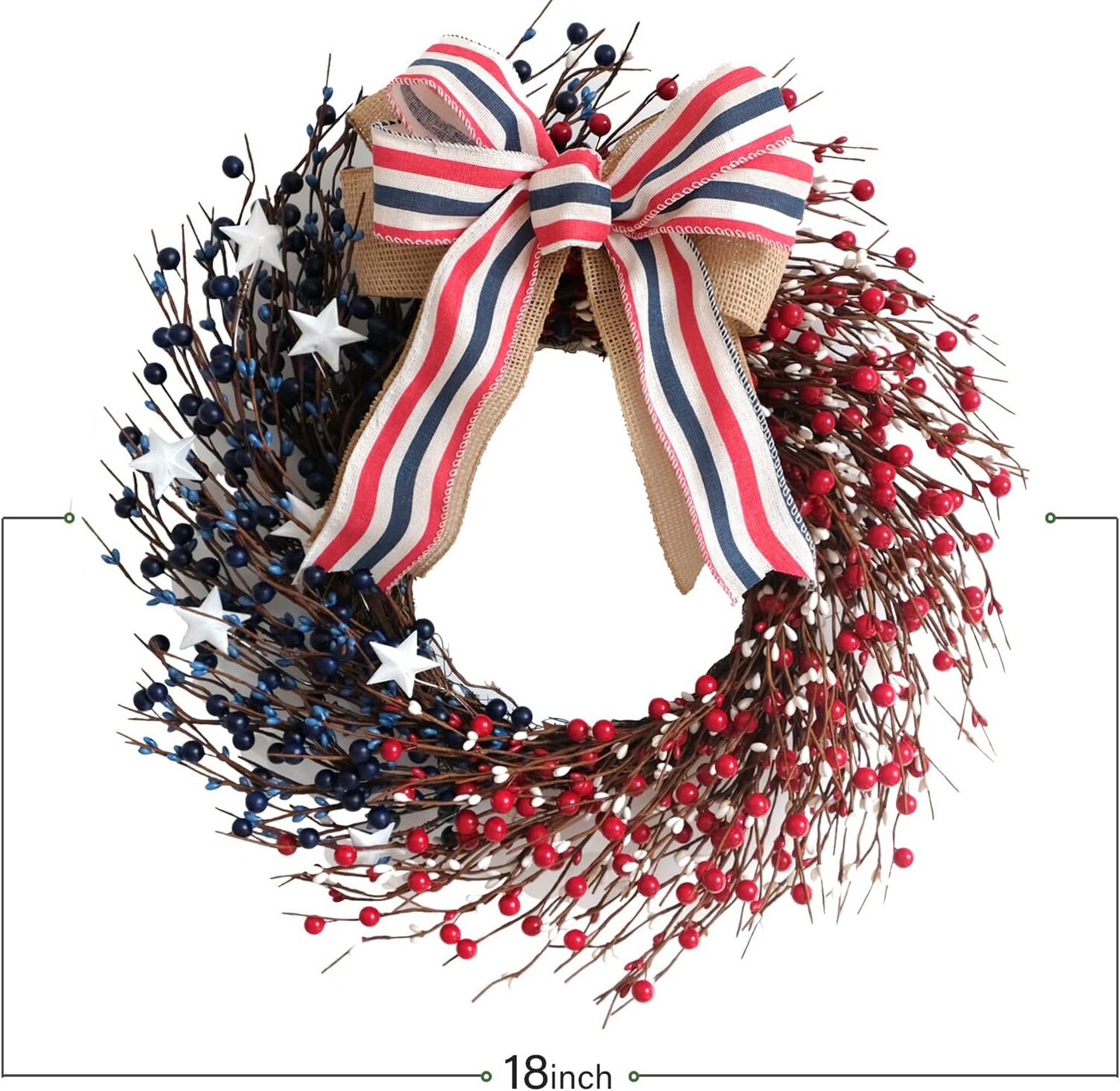 18 Inch Patriotic Red White Blue Berries Wreath for Front Door, 4 of July Memorial Day Independence Day Burlap Bow Wreath for Home Decor, American Flag Day Wreath for Indoor and Outdoor Use