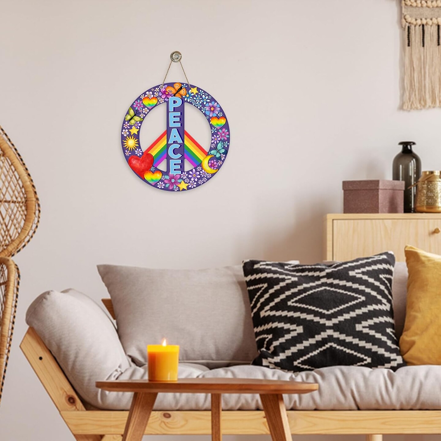 World Peace Love Heart Front Door Sign, Rainbow Pride Month Wood Door Hanger Outdoor Outside Porch Decor, Flower Butterfly Wooden Wreath Indoor Wall Hanging Decoration