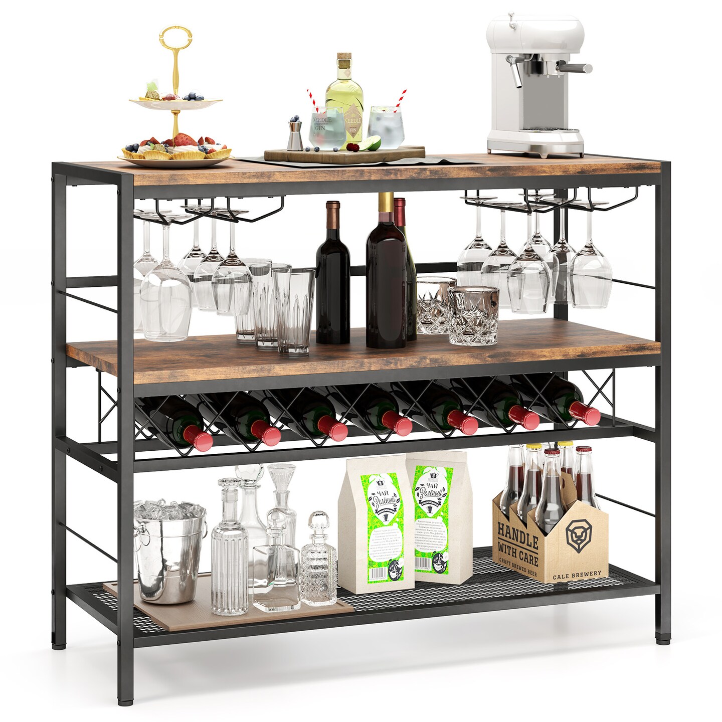 41 Inch 4-Tier Rustic Brown Metal Frame Bar Table with Wine Rack and Glass Holders