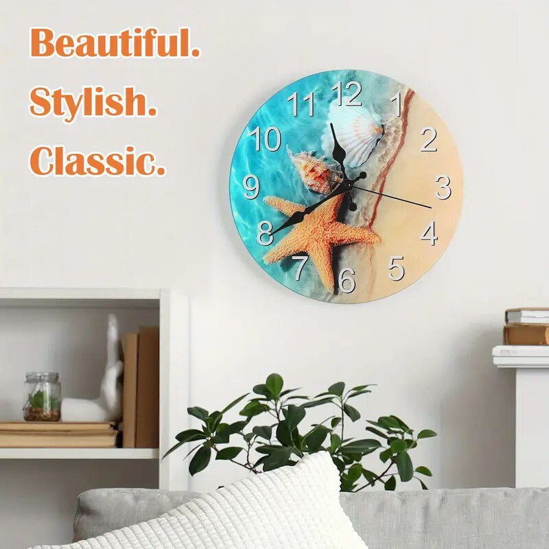 12-Inch Seashell Wall Clock &#x2013; Frameless Silent Non-Ticking Glass Clock for Home, Office, Battery Operated (1x AA Required)