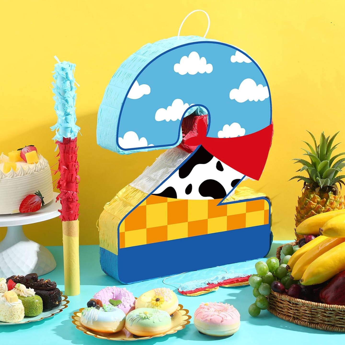 Toy Inspired Game Pi&#xF1;ata Cow Pi&#xF1;ata for Kids Cartoon Story with Stick Blue Yellow Red Cow Clouds Decor for Boys Girls Adults Birthday Baby Shower Party Supplies Gifts Decor(Number 2)