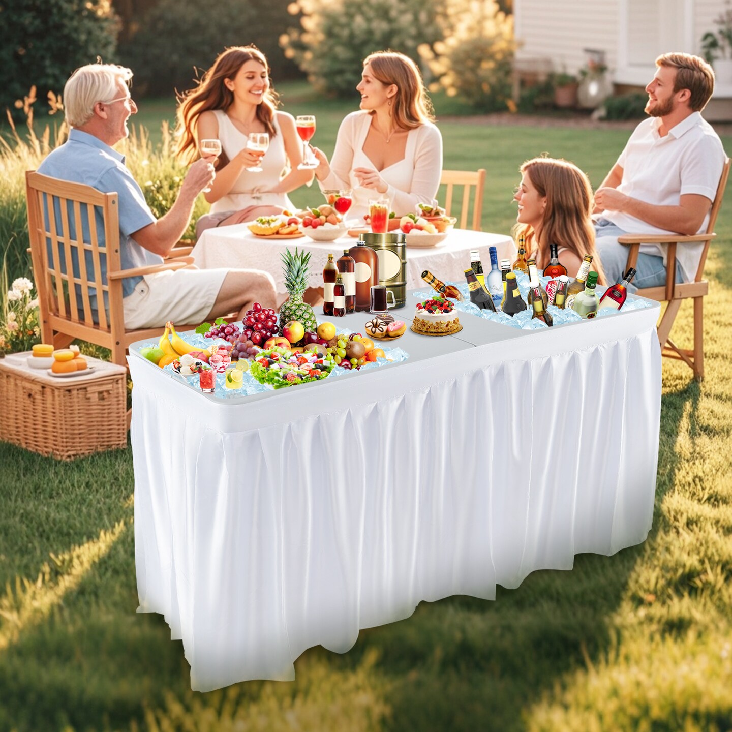 White Folding Ice Cooler Table with Double Sinks and H-Shaped Metal Frame Ideal for Picnic or Wedding