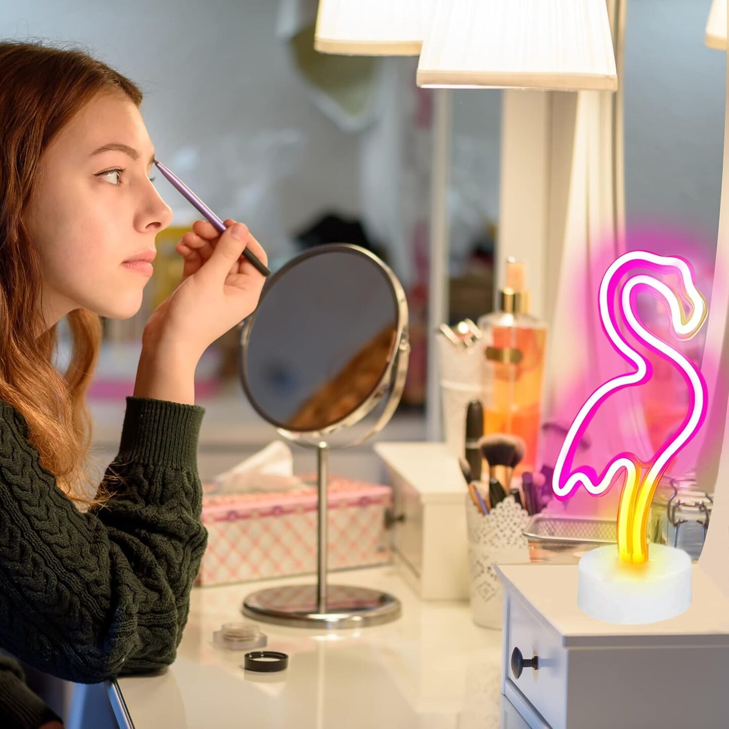Flamingo Neon Sign &#x2013; LED Pink Flamingo Light for Bedroom, Girls Room Decor, Party, or Gift | USB/Battery Operated with Pedestal