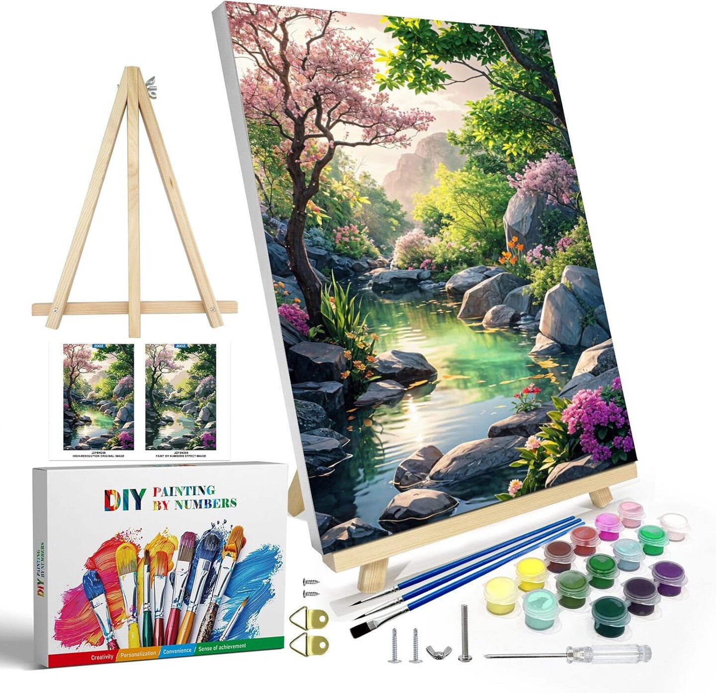 Paint by Numbers Kit for Adults with Frame, Landscape Paint by Number Canvas, Mountain Paint by Numbers with Easel, DIY Flowers Scenery Oil Painting Kit for Home Wall Decor 8 x 12 Inch