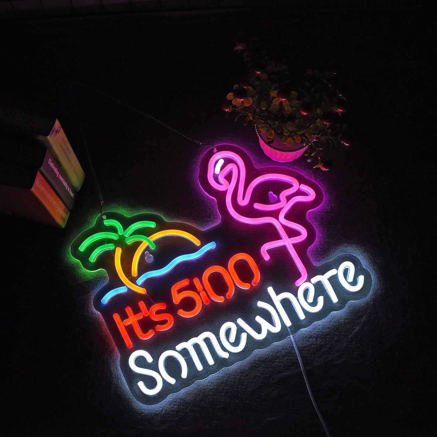 Summer Flamingo &#x22;It&#x27;s 5:00 O&#x27;clock Somewhere&#x22; Neon Sign - Dimmable LED Bar &#x26; Beer Neon Light for Wall D&#xE9;cor
