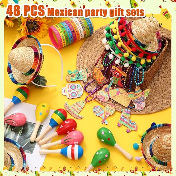 48 Pcs Mexican Fiesta Party Favors Set 12 Cinco De Mayo Sombrero Hats 12 Maracas Necklaces Bracelets for Birthday