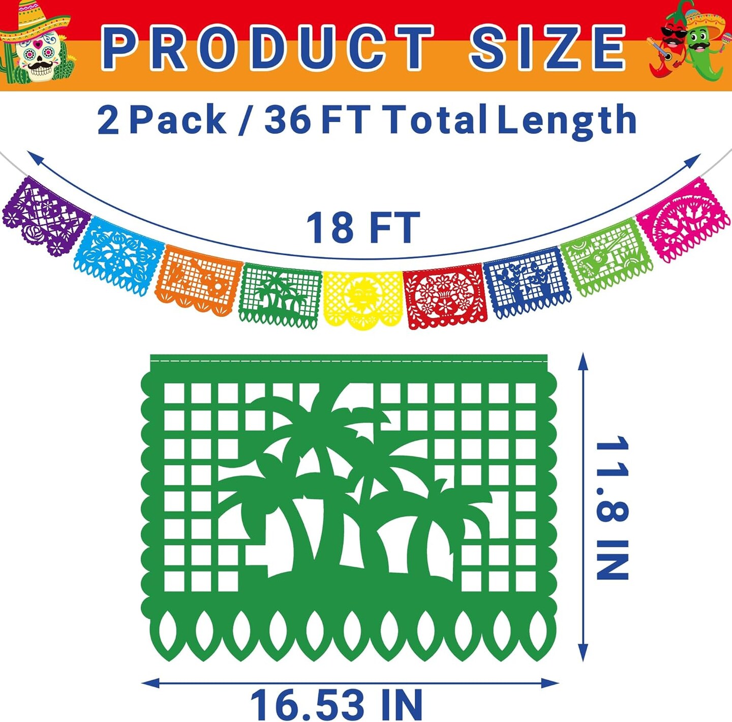 36 FT Cinco De Mayo Decorations, 2 Pack Mexican Party Banner, Plastic Fiesta Banner Colorful Papel Picado Hanging Banner String Flags Mexican Theme Party Dia De Los Muertos Day of the Dead Decor