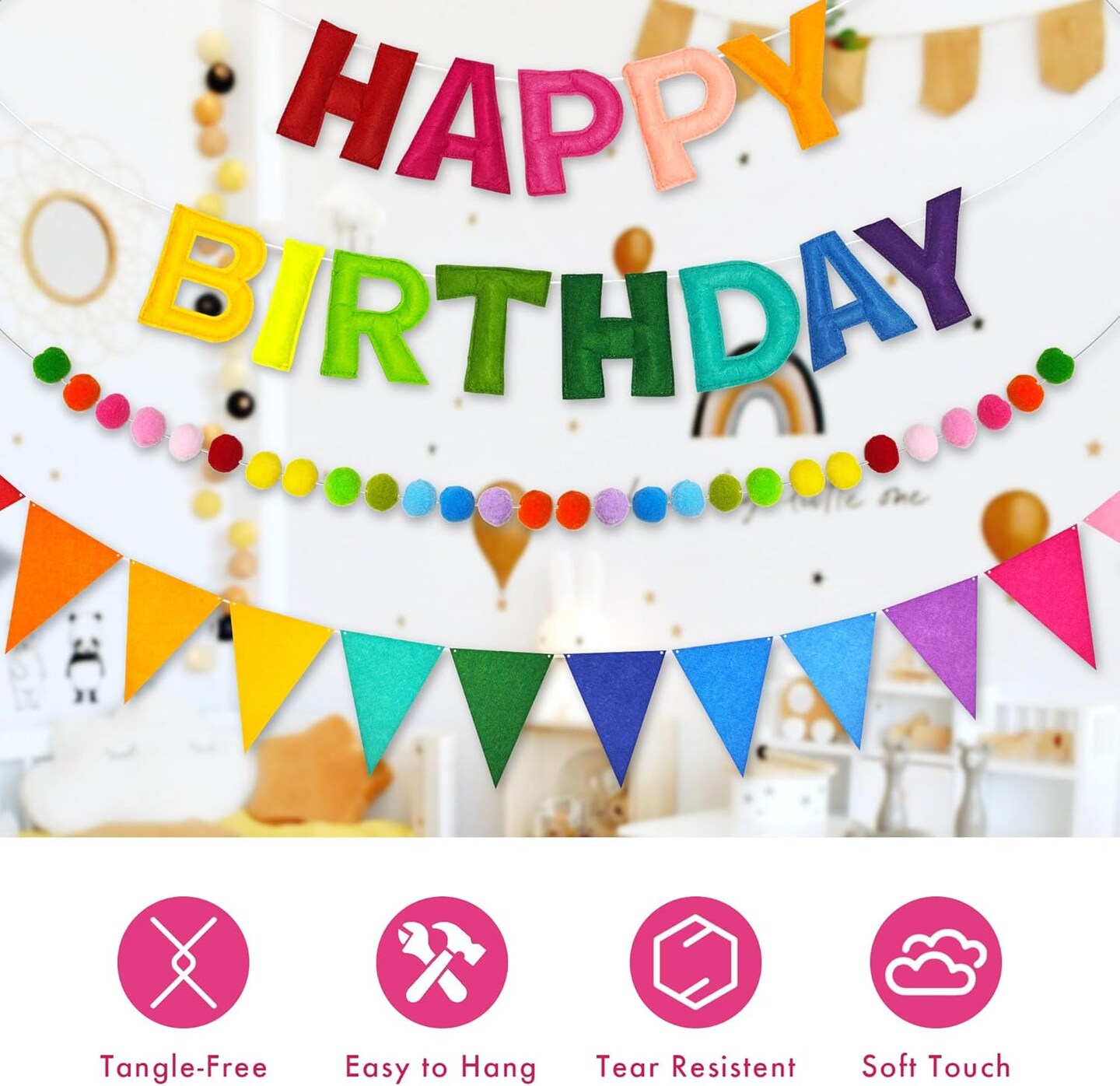 Pre-Strung 3D Happy Birthday Banner, 3 PCS Rainbow Happy Birthday Felt Garland, Pom Pom Garland, Triangle Fabric Garland Bunting, Reusable Rainbow Birthday Decorations