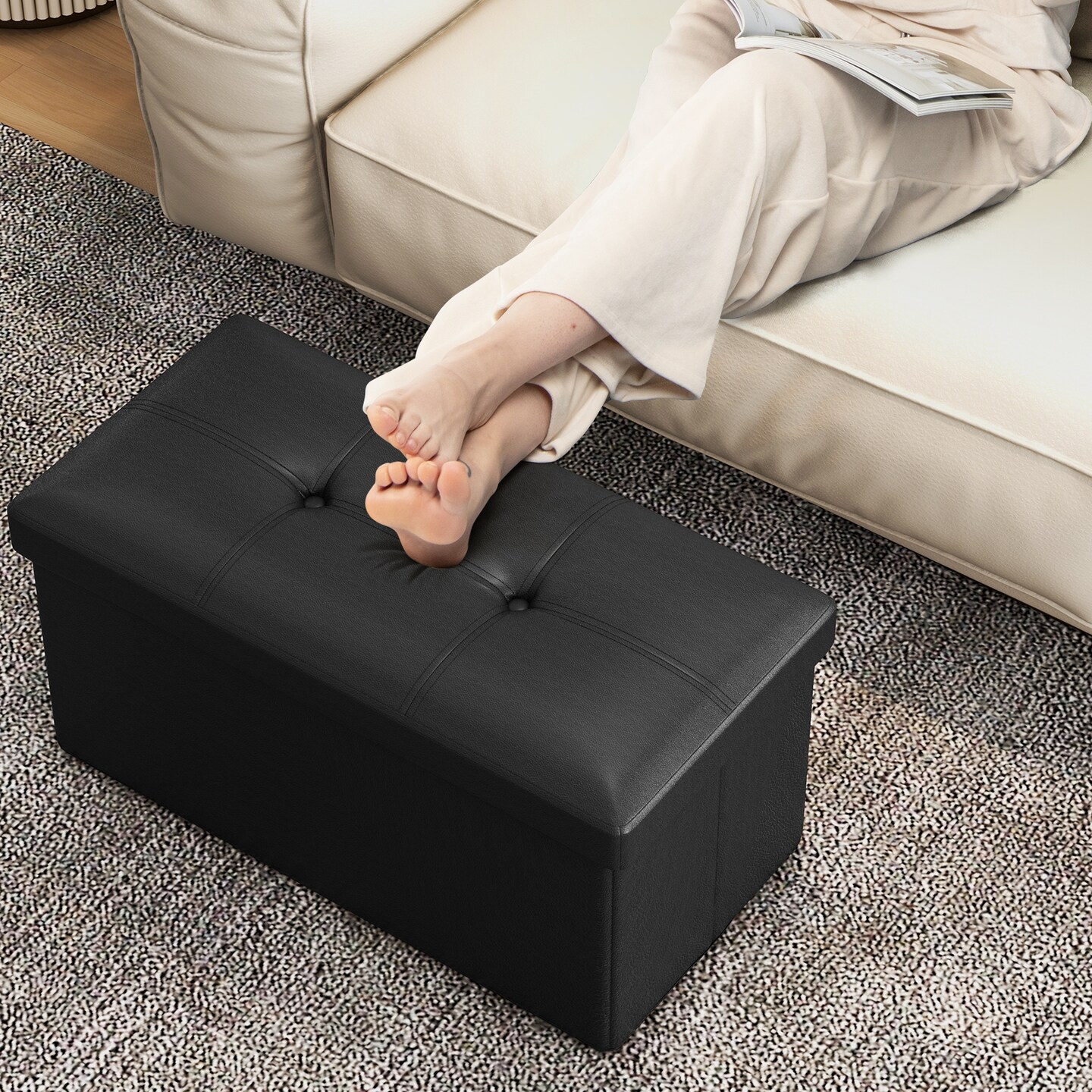 Black Rectangle Foldable Upholstered Storage Footstool with PVC Leather Surface and Cushioned Seat