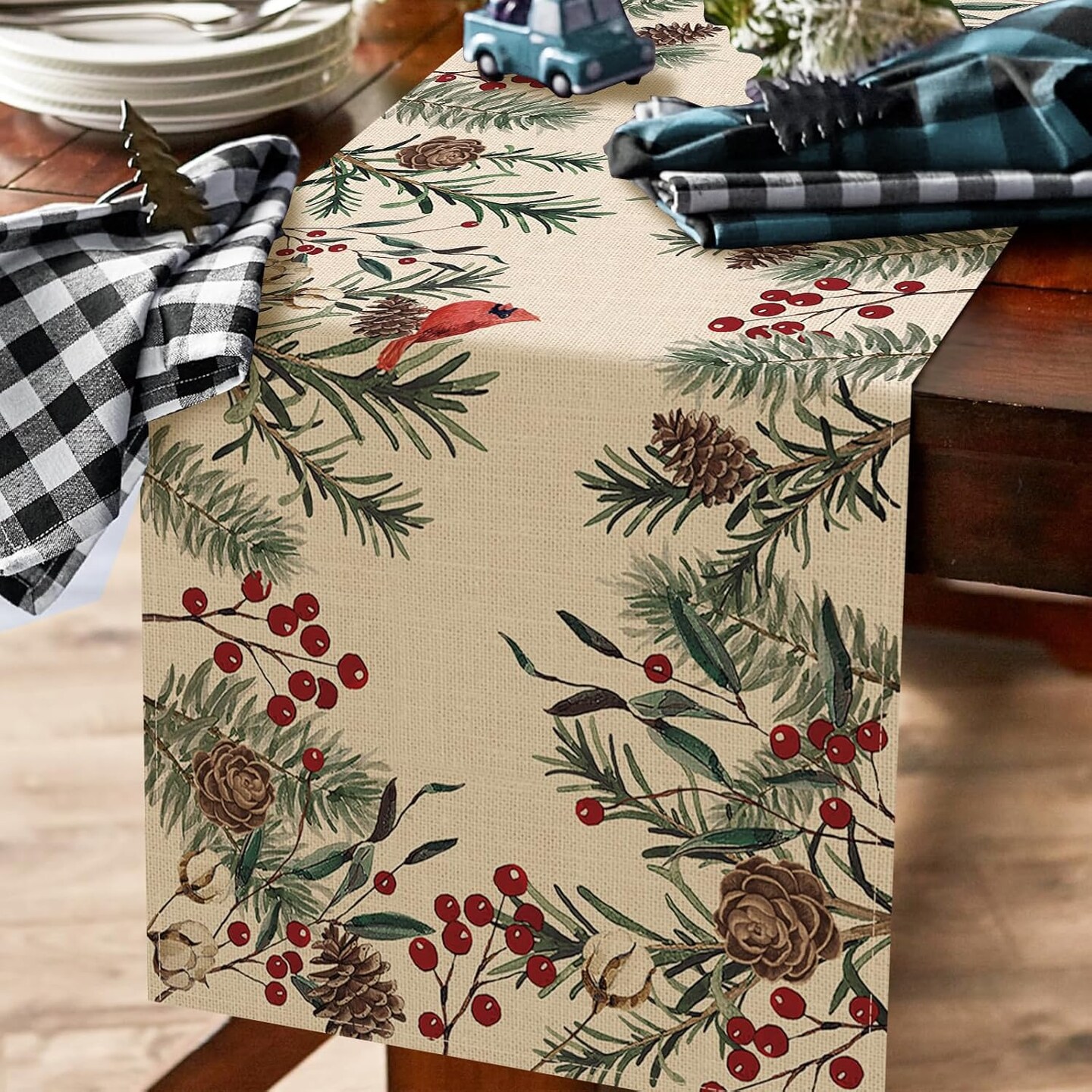 Winter Pine Needle Branches Table Runner, Pine Cone Cardinal Red Birds Berry Farmhouse Kitchen Dining Table Decor, Christmas Holiday Home Decoration Indoor Outdoor Party Supply 13 x 72 Inches