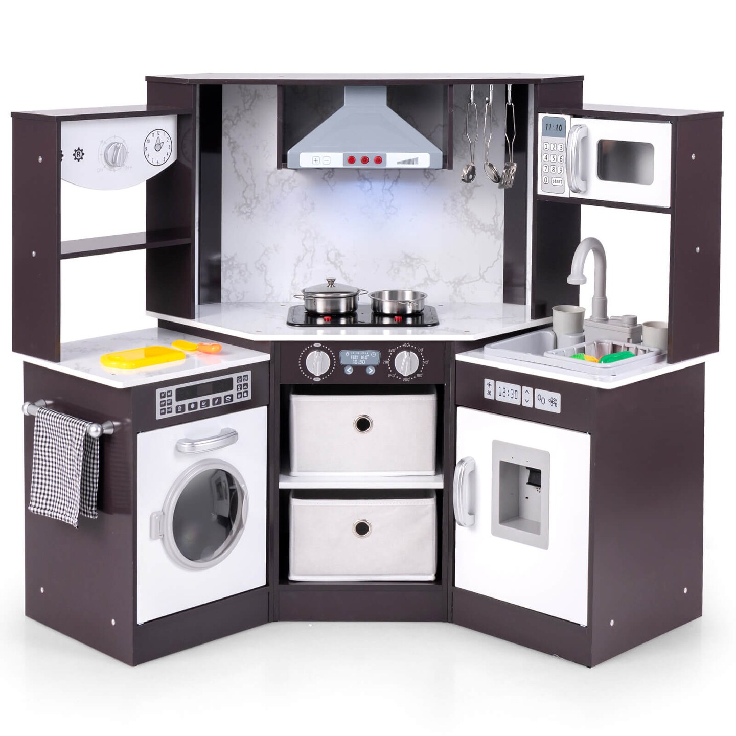 Costway Wooden Kids Play Corner Kitchen with Realistic Lights &#x26; Sounds Lighted Range Hood Brown/Grey