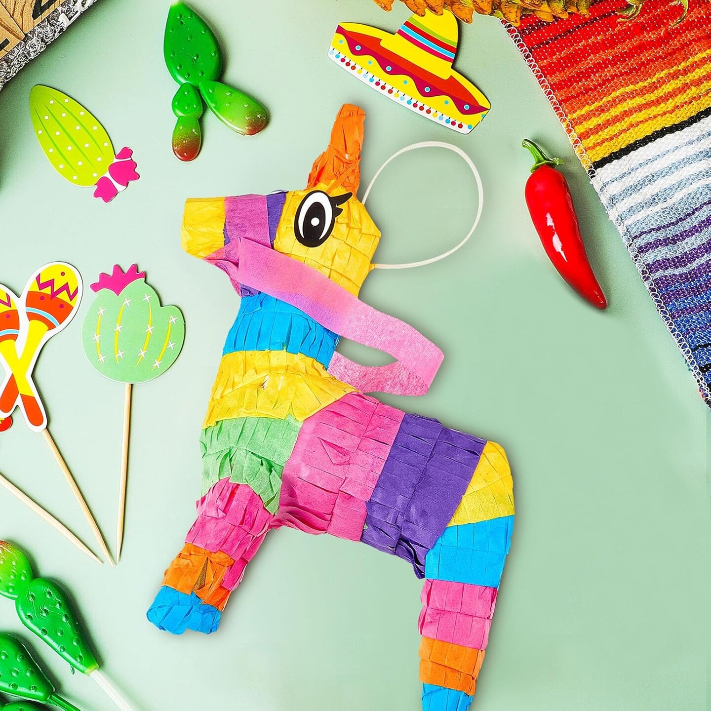 15 Pcs Fiesta Cupcake Topper Mexican Theme Cake Decoration Cactus Pi&#xF1;ata Taco Party Decorations with Wooden Sand Hammer and Foam Chili Decorations for Mexican Fiesta Party Baby Shower(Cute Style)