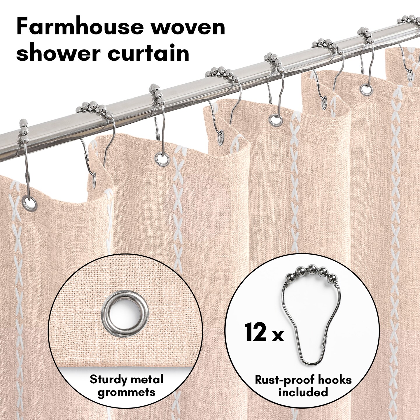 Americanflat 71x71 Woven Linen Shower Curtain with Tassel Accents - Includes 12 Grommets and Hooks - 100% Polyester