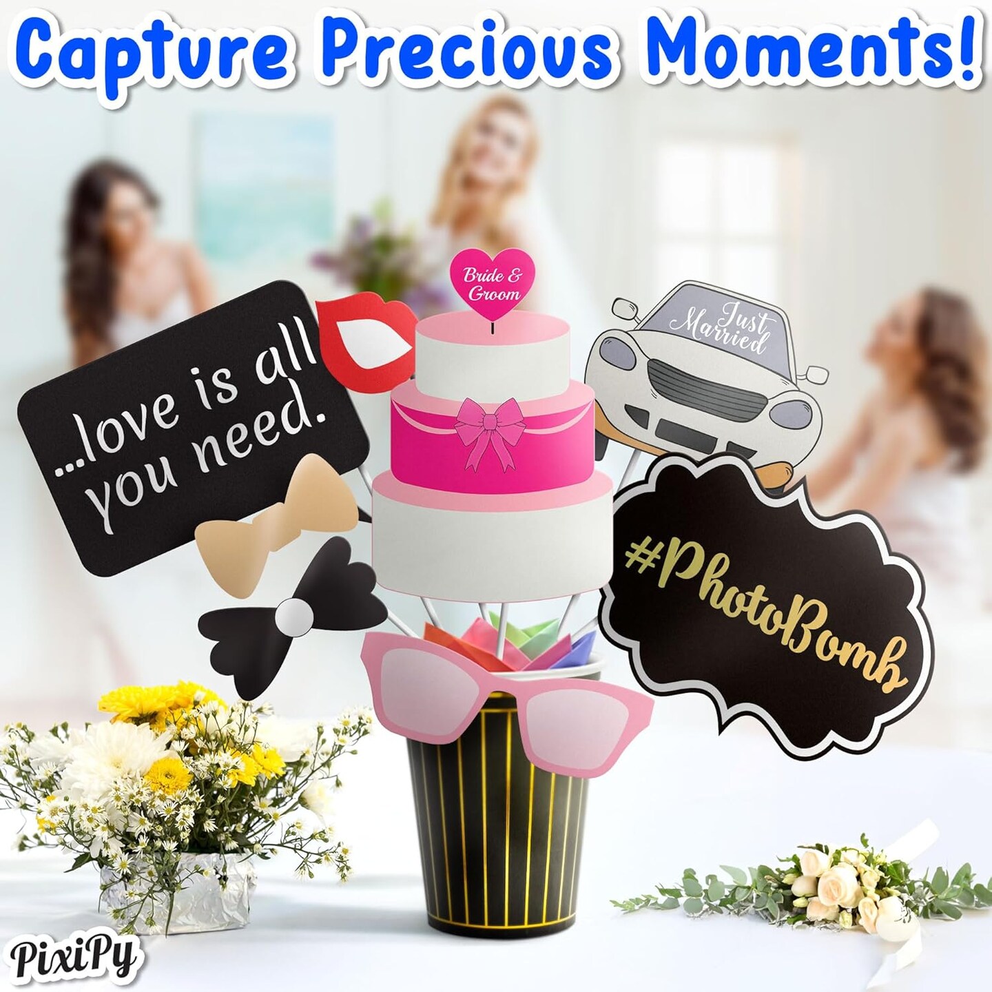 Photo Booth Props - 70 Pieces, Multicolored - Fun Photoshoot Party Selfie Accessories - Silly Group Picture Favors for Wedding Reception, Anniversary, Engagement, or Shower