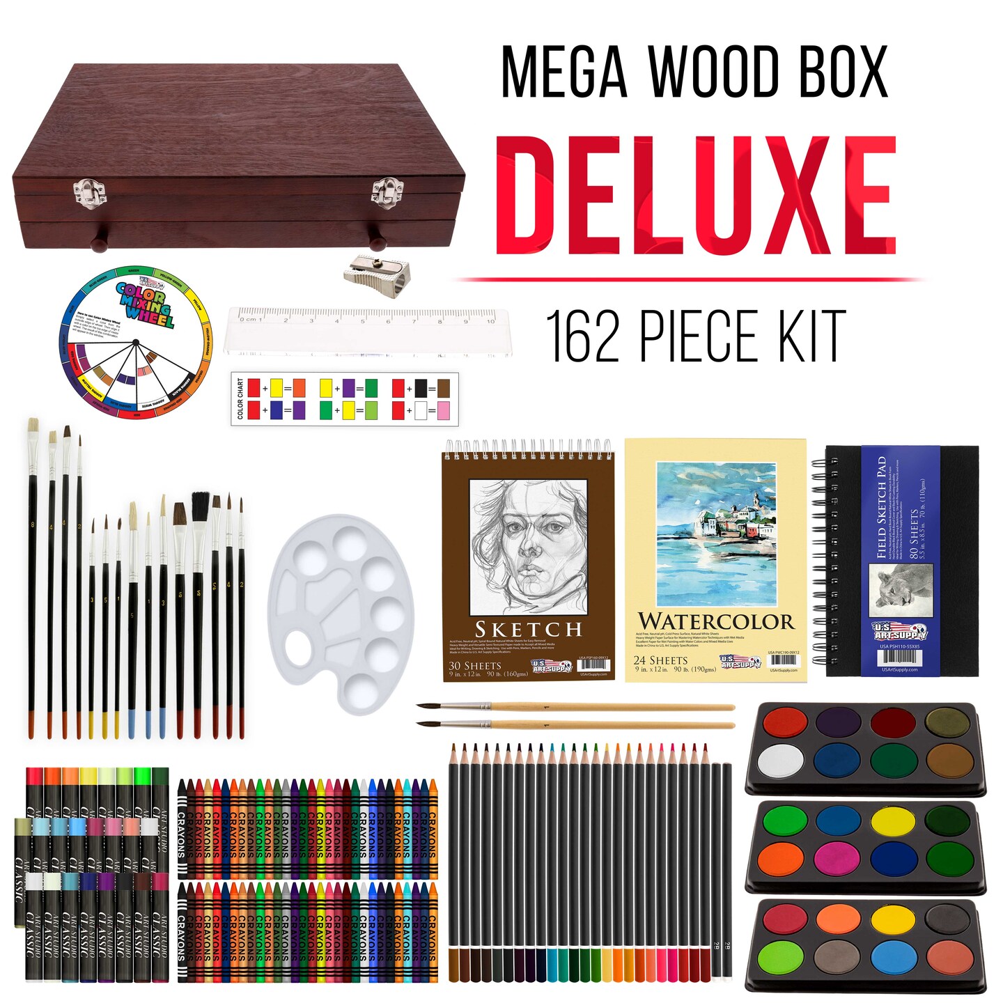 U.S. Art Supply 162-Piece Deluxe Mega Wood Box Art Painting &#x26; Drawing Set - Artist Painting Pad, 2 Sketch Pads, Watercolors, Colored Pencils, Crayons
