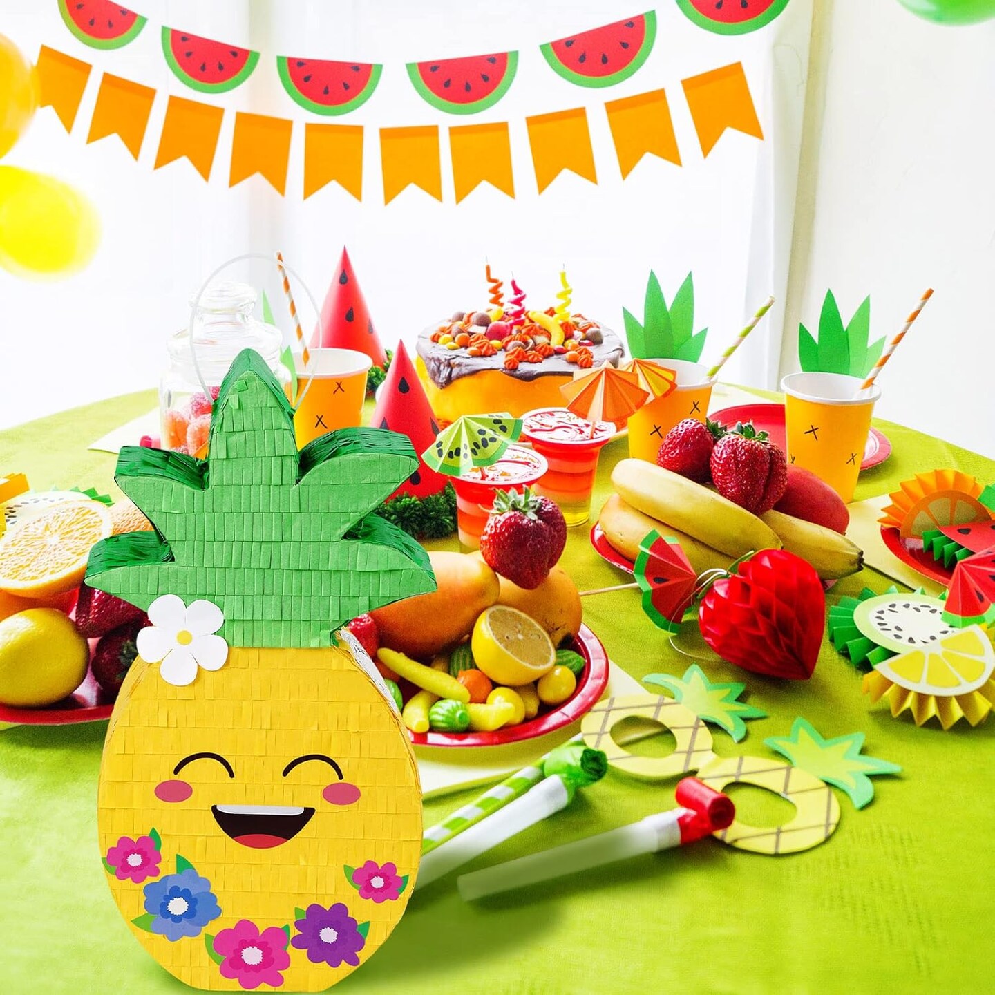 Small Pineapple Pinata for Hawaiian Luau Party Decorations Fruit Pinatas with Wooden Stake Paper Blindfold Colorful Confetti