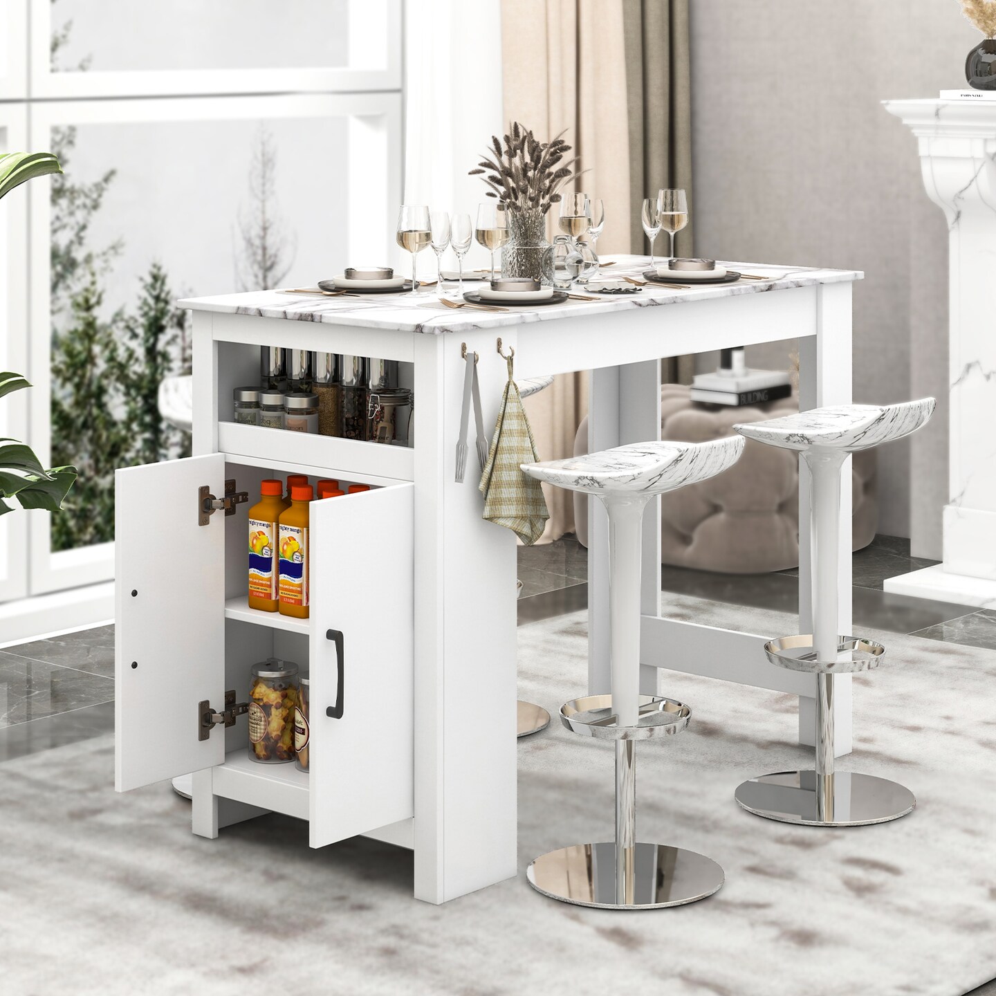 White MDF Bar Table with Faux Marble Top, Adjustable Shelf and Hooks